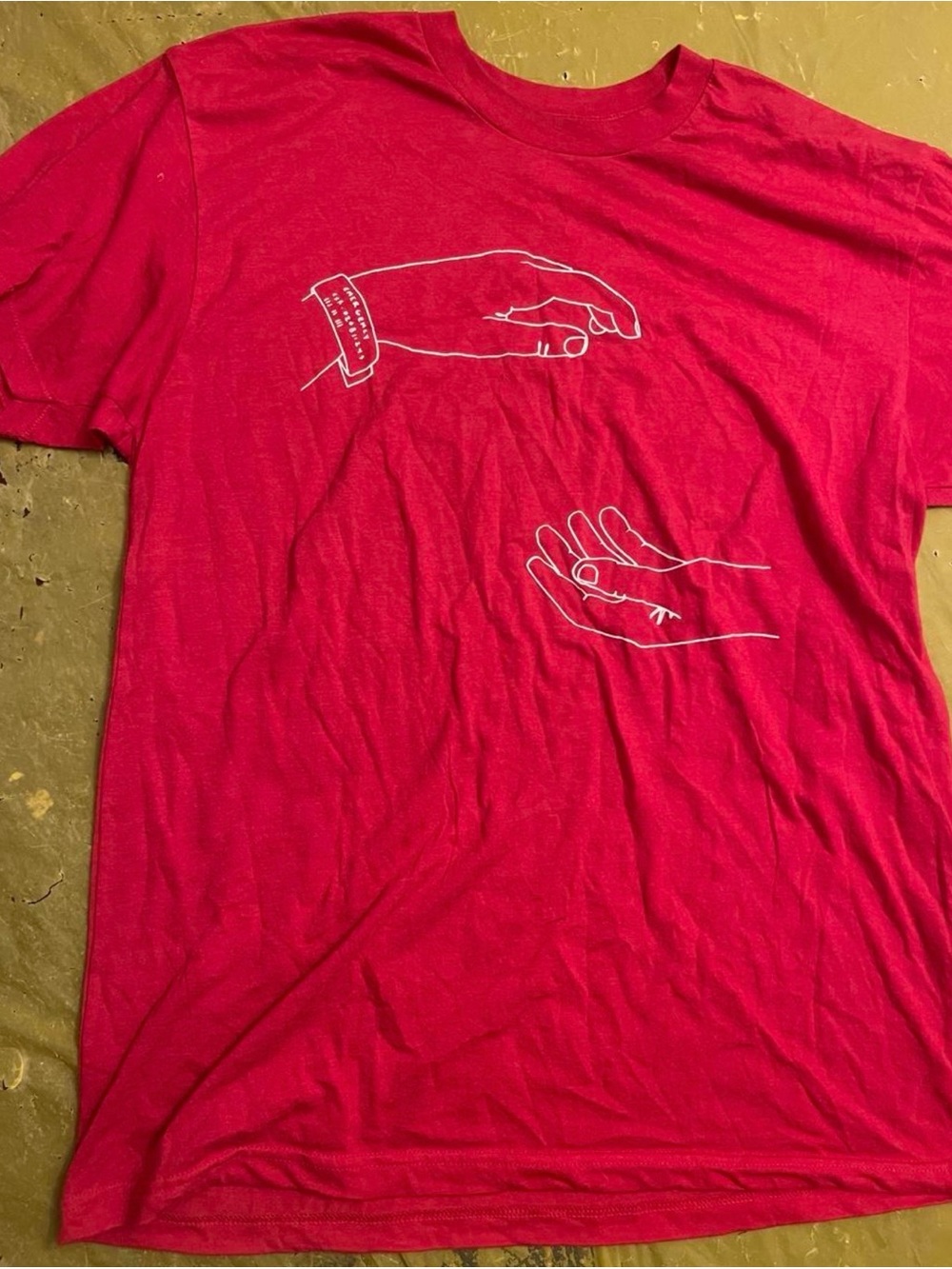 American Apparel red t-shirt with white line drawing of two hands, size L